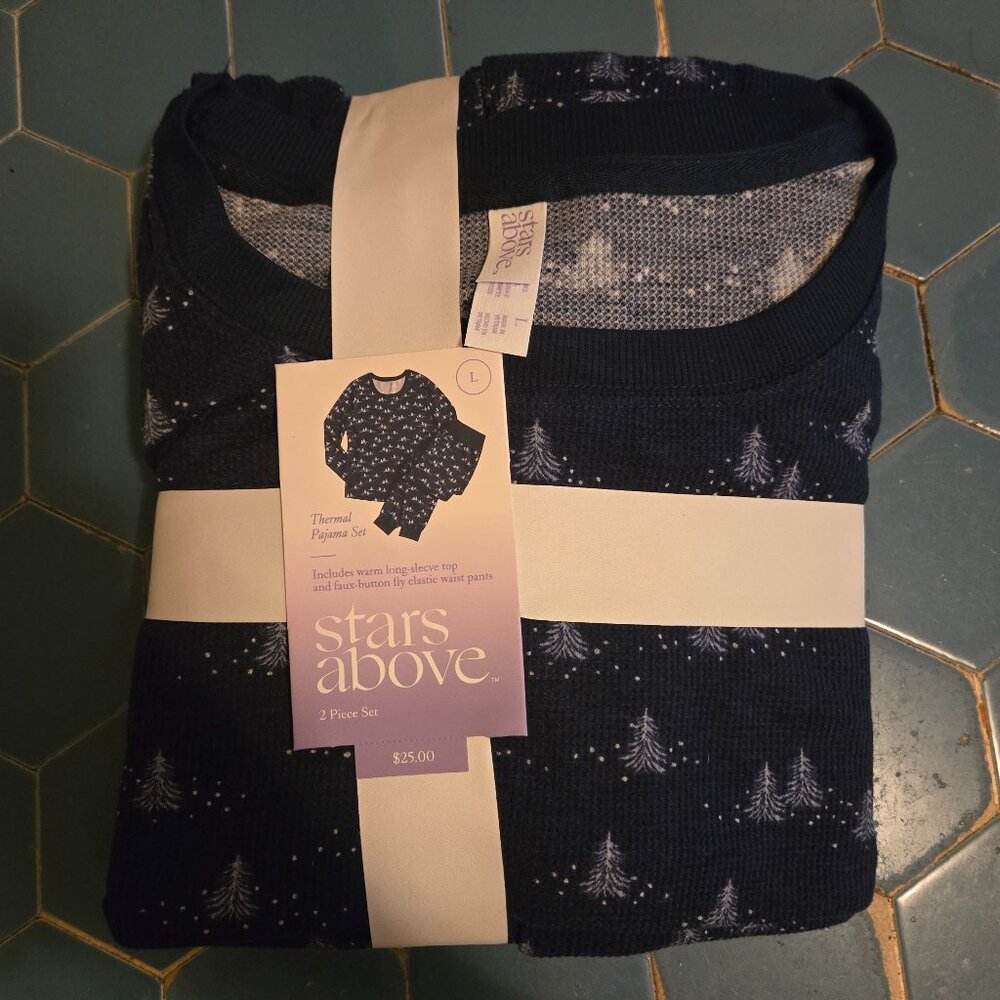 Stars Above Thermal Pajama Set - Women’s Size Large - 2 Piece - Blue Tree Print